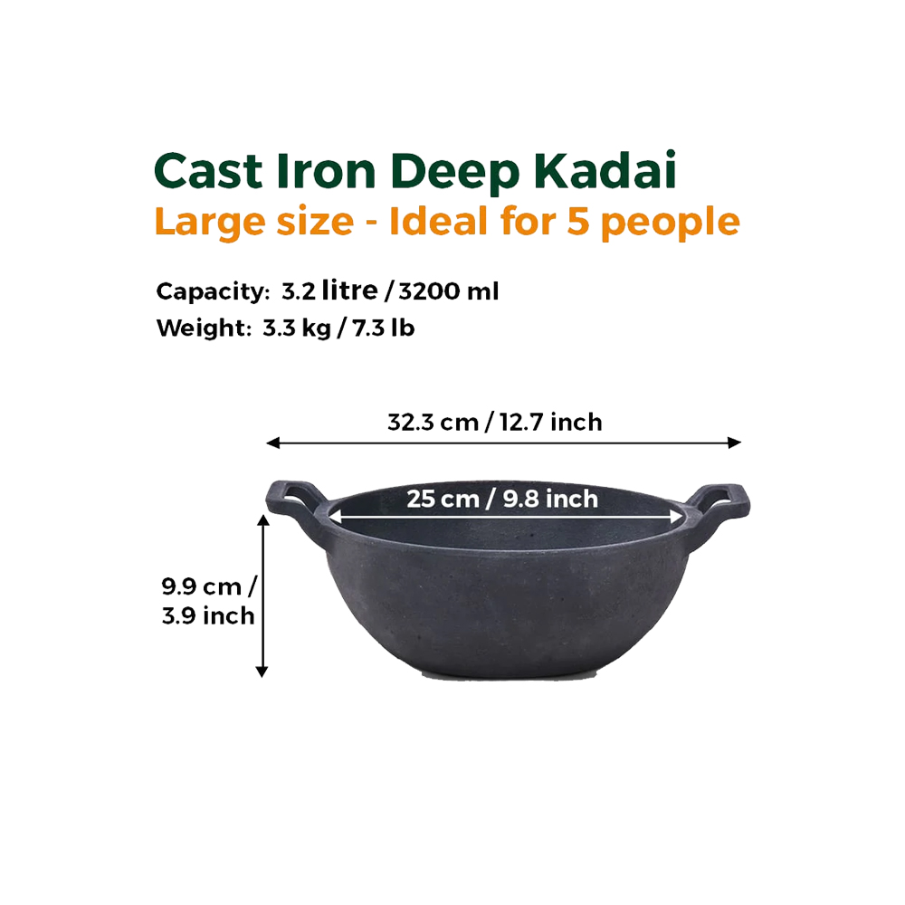 Cast Iron Deep Kadai - Induction Safe & Pre-seasoned - Send Indian