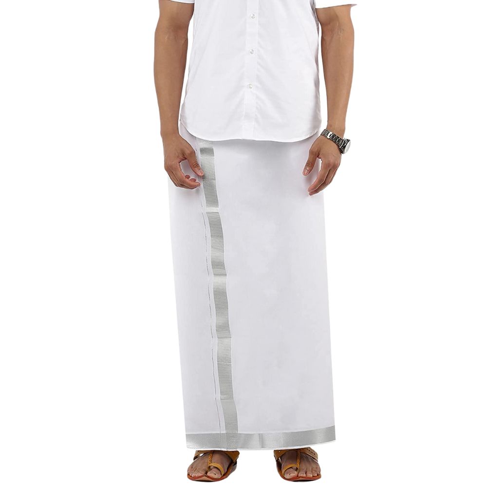 Men’s Pure Cotton Solid White Dhoti with Colour Jari Border