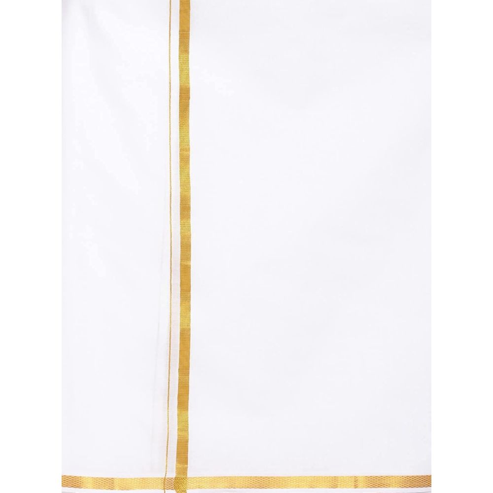 Men Pure Cotton Double Layer White Dhoti with Gold jari Border