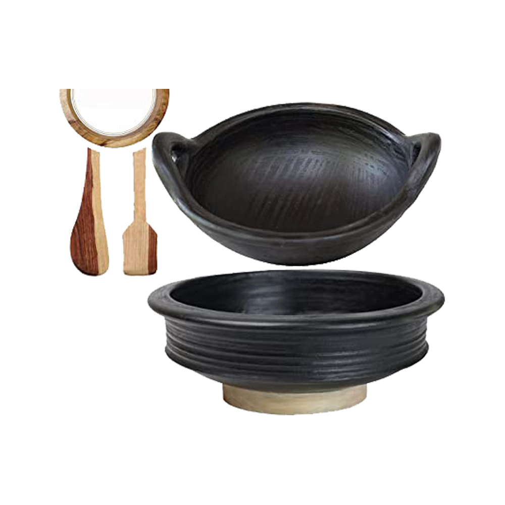 Pre -Seasoned Gas Stove and Microwave Unglazed Pottery Earthen Kadai /Clay Pots Combo for Cooking (1 and 2 L, Black)