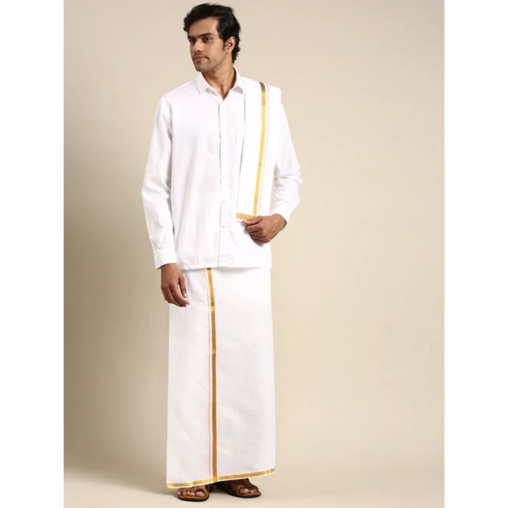 Premium Wedding White Regular Dhoti Shirt & Towel Set Arathi 1/2″