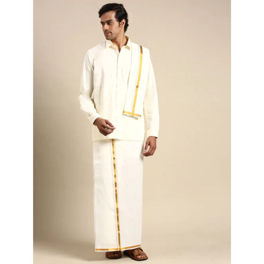 Mens Wedding Set Cream Regular Dhoti Shirt & Towel Arathi 1/2
